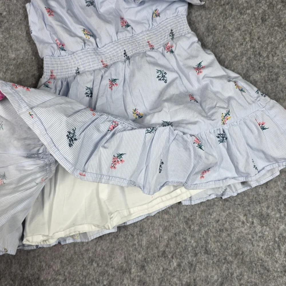 Janie & Jack Dress Girls 5 Blue White Striped Floral Smocked Ruffle Preppy Kids